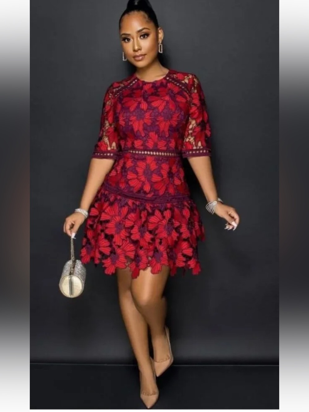 Just Me, Red and Burgundy Floral Guipure Lace Tiered Dress Sz L